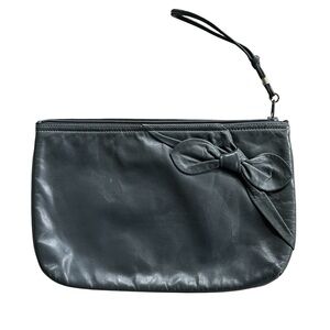 Margolin | Vintage Leather Zipper Top Clutch with Bow Detail | Grey | 11.5”x7.5”